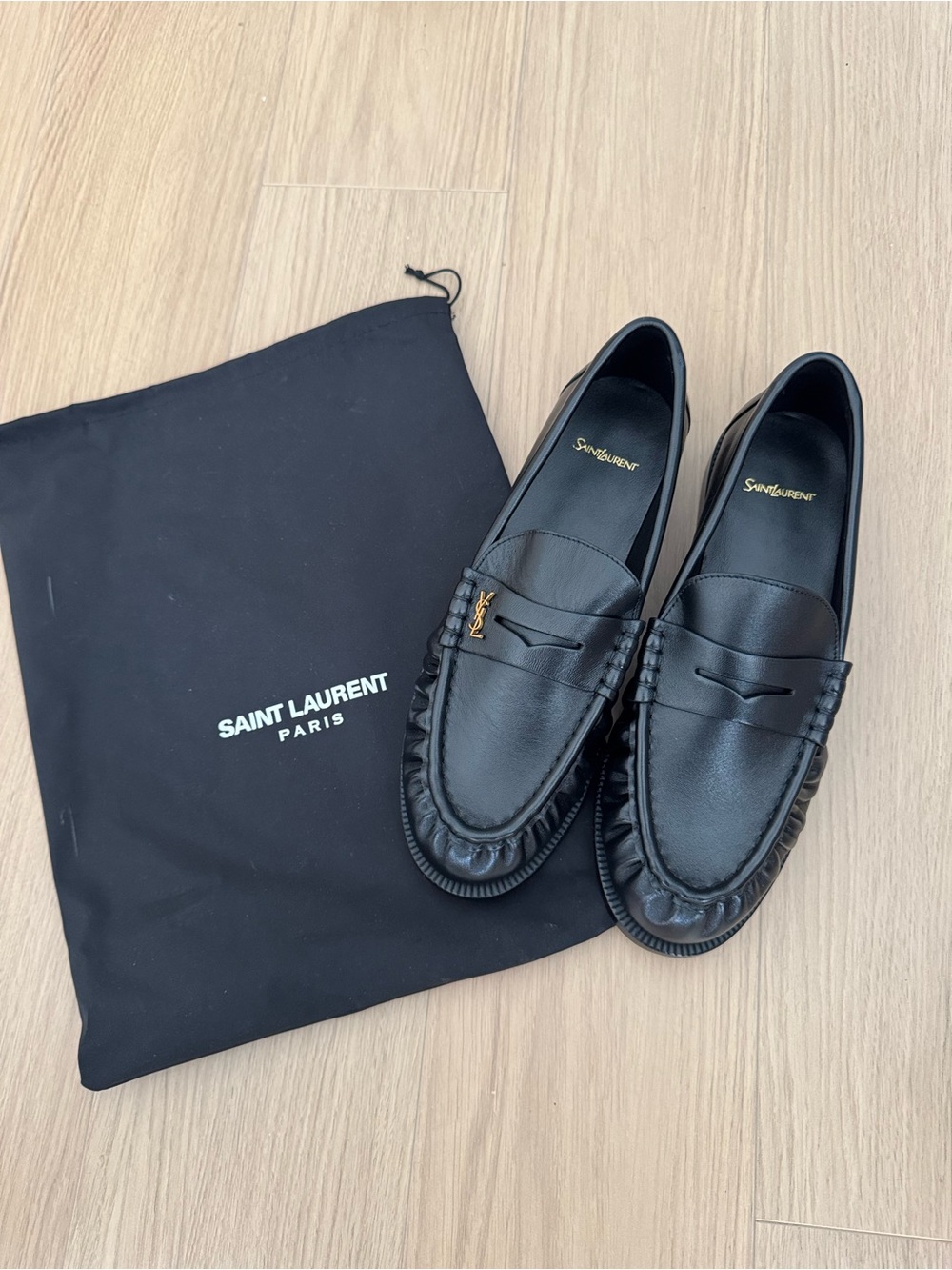 Saint Laurent Black Leather Penny Loafers with Gold YSL Accent